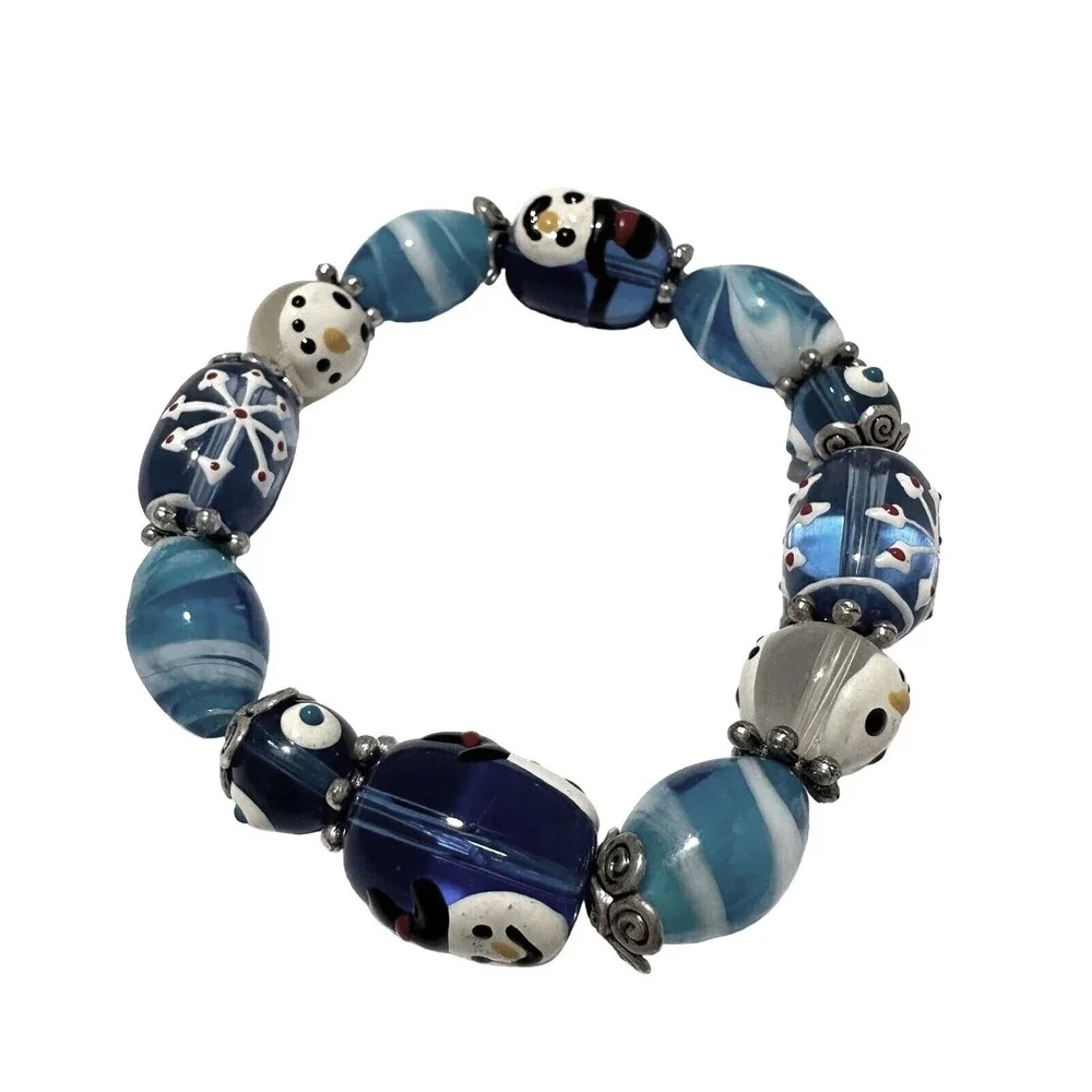Glass Beads Stretch Bracelet Blue White Snowman Snowflake‎ Christmas Handmade